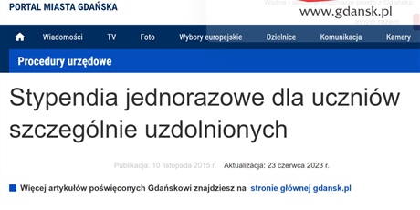 Jednorazowe stypendium Prezydenta Miasta Gdańska dla uczniów
